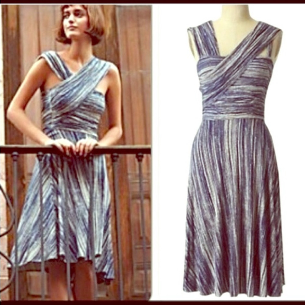 Anthropologie Plenty Tracy Reese jersey drape blue/white criss cross dress Sz.P